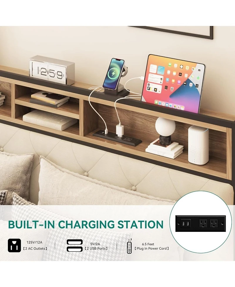 Streamdale Furniture Queen Size Upholstered Platform Bed Frame with Charging Station - Beige