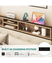 Streamdale Furniture Queen Size Upholstered Platform Bed Frame with Charging Station - Beige