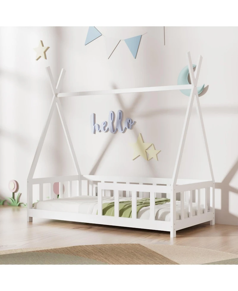 Streamdale Wooden Montessori Floor Bed Frame for Kids with Guardrail, White