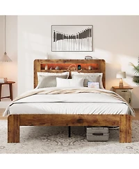 Streamdale Furniture Streamdale Bed Frame King Size Wood Platform with Storage, Led, Usb, Dark Brown