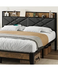 gaomon Metal Platform Bed Frame with Charging Station, Tufted Headboard, Storage Shelf & Steel Slats