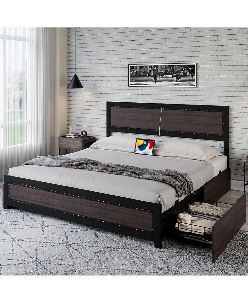gaomon Bed Frame with Four Storage Drawers and Charging Station, Riveted Headboard Platform Bed with Metal Slat Frame, No Box Spring Required