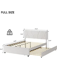 Gaomon Twin/Full Trundle Bed Frame with Upholstered Headboard, Pull-Out Platform & Wood Slats for Bedroom or Guest Room