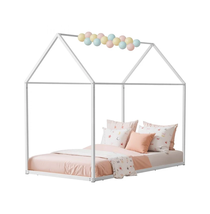 Slickblue Kids Floor Bed with Roof Design and Metal Frame