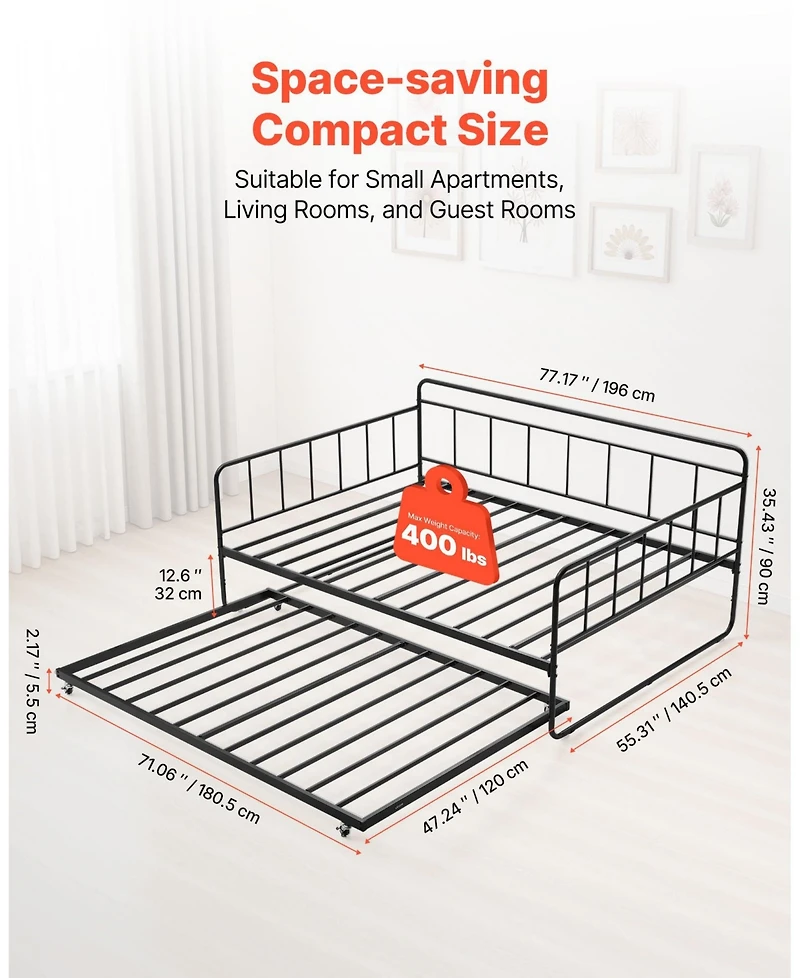 Slickblue Metal Day Bed Frame with Trundle and Sturdy Slats for Bedroom