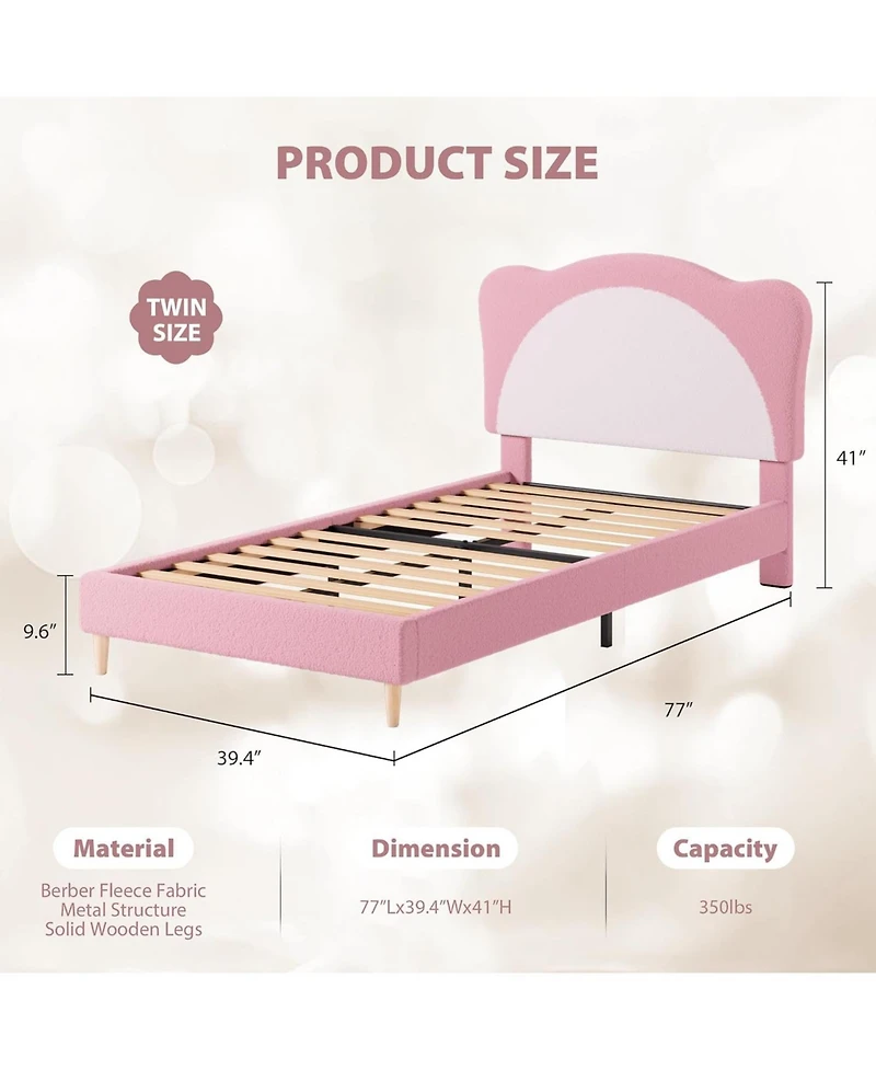 Gaomon Twin Size Kids Upholstered Bed Frame with Adjustable Scallop Velvet Headboard, Princess Platform, Pink & White