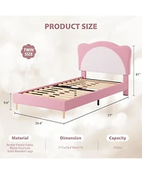 Gaomon Twin Size Kids Upholstered Bed Frame with Adjustable Scallop Velvet Headboard, Princess Platform, Pink & White