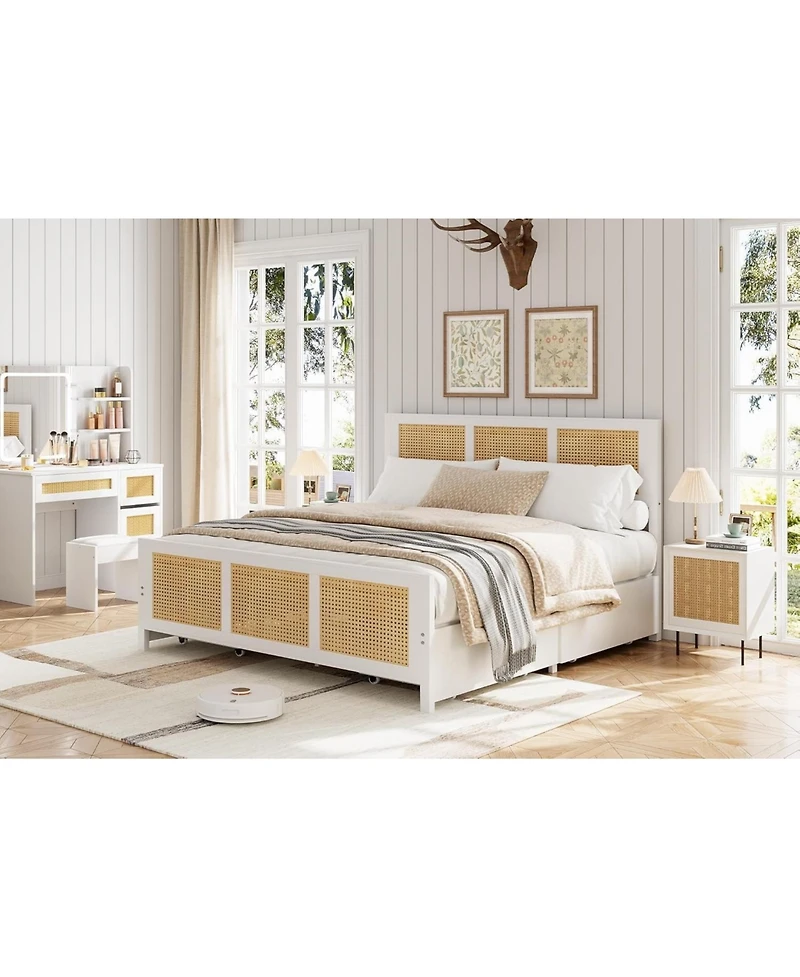 gaomon Queen Size Rattan Accent Storage Bed with 4 Drawers, Woven Front, Led Lights, Mdf Frame