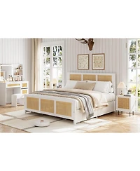 gaomon Queen Size Rattan Accent Storage Bed with 4 Drawers, Woven Front, Led Lights, Mdf Frame