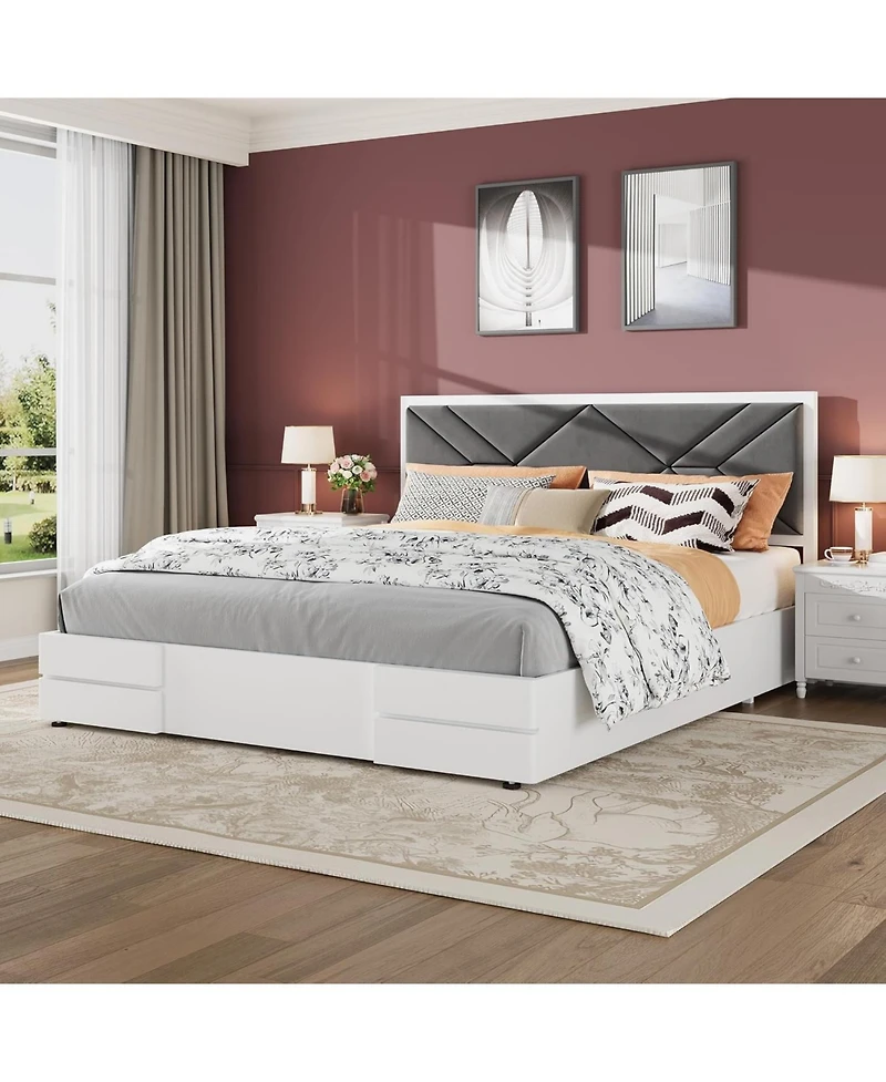 gaomon King Size Wooden Bed Frame with Fabric Upholstered Headboard Strong Wood Slats Easy Assembly White