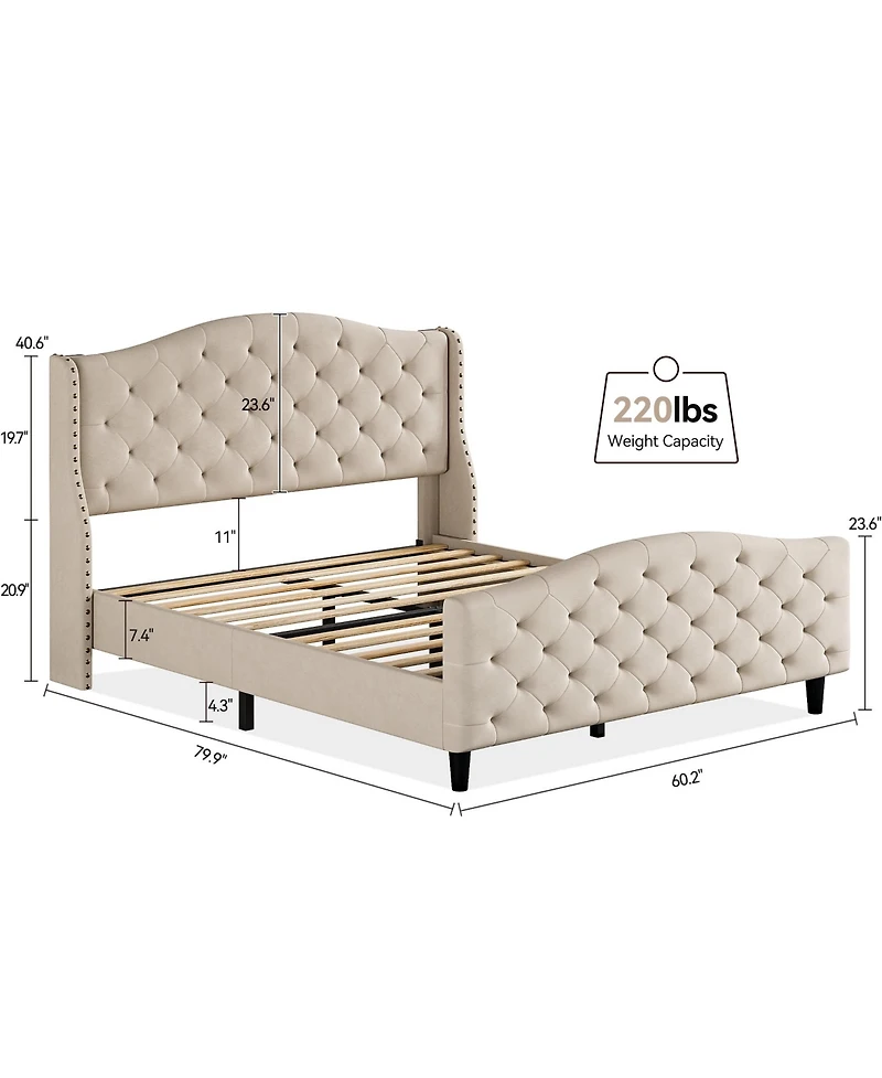 gaomon Queen Size Platform Bed Frame with Wingback Velvet Headboard Nailhead Trim Wooden Slats