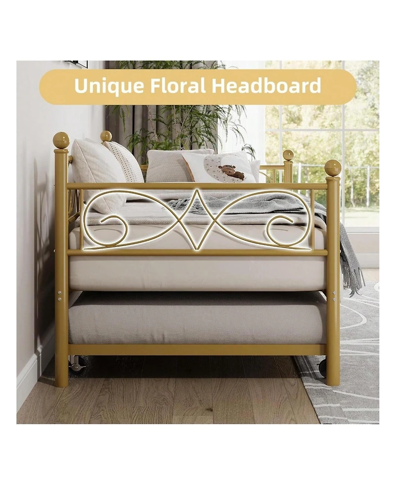 gaomon Twin Daybed with Trundle Metal Sofa Bed Heavy Duty Slats Space Saving Guest Room Gold