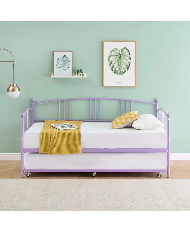 gaomon Twin Daybed with Trundle Metal Frame Pullout Trundle 6 Casters Steel Slats Living Room Bedroom Guest Room No Box Spring Purple