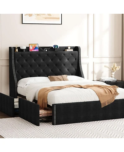 gaomon Full Bed Frame Black Upholstered 4 Storage Drawers Wingback Headboard Charging Station Button Tufted