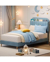 gaomon Twin Bed Frame with Storage Headboard Velvet Upholstered Platform for Boys Wooden Slats Noise Free Easy Assembly No Box Spring