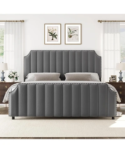 gaomon Queen Size Platform Bed Frame 50.2in Velvet Channel Tufted Headboard Footboard Nailhead Trim No Box Spring Grey