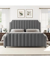 gaomon Queen Size Platform Bed Frame 50.2in Velvet Channel Tufted Headboard Footboard Nailhead Trim No Box Spring Grey