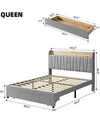 gaomon Queen Size Upholstered Platform Bed Frame Storage Drawers Power Socket Wooden Slats No Box Spring Easy Assembly