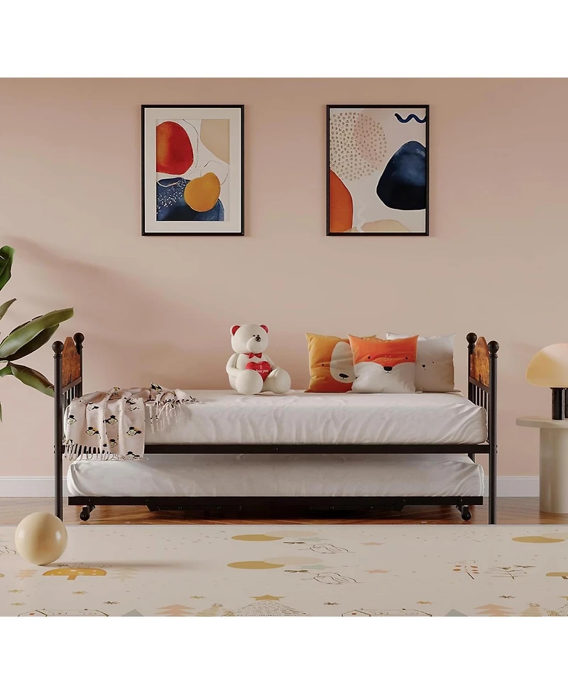 gaomon Twin Size Metal Daybed with Trundle Foldable Trundle Sofa Bed Stylish Headboard for Living Room, Bedroom, Guest Room Brown