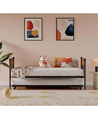gaomon Twin Size Metal Daybed with Trundle Foldable Trundle Sofa Bed Stylish Headboard for Living Room, Bedroom, Guest Room Brown