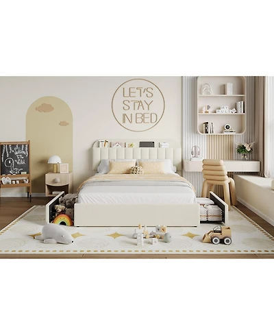 gaomon Queen Size Boucle Upholstered Platform Bed Frame with Storage Headboard Bookcase 2 Drawers for Girls No Box Spring Beige