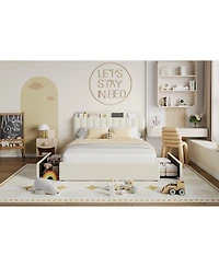 gaomon Queen Size Boucle Upholstered Platform Bed Frame with Storage Headboard Bookcase 2 Drawers for Girls No Box Spring Beige