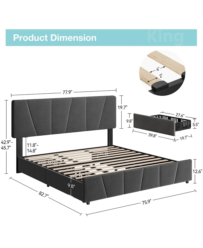 gaomon King Size Bed Frame with Adjustable Headboard and 4 Storage Drawers