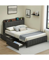 gaomon Full Size Bed Frame with 2 Storage Drawers and Charging Station, Rustic Linen Upholstered Platform Bedframe