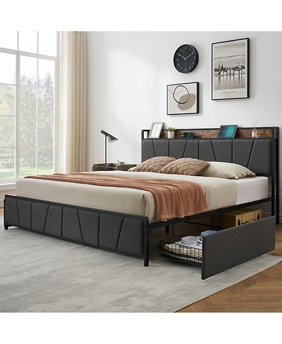 gaomon King Size Bed Frame with 2 Storage Drawers and Charging Station, Rustic Linen Upholstered Platform Bedframe