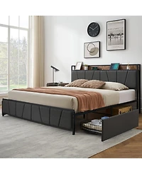 gaomon King Size Bed Frame with 2 Storage Drawers and Charging Station, Rustic Linen Upholstered Platform Bedframe