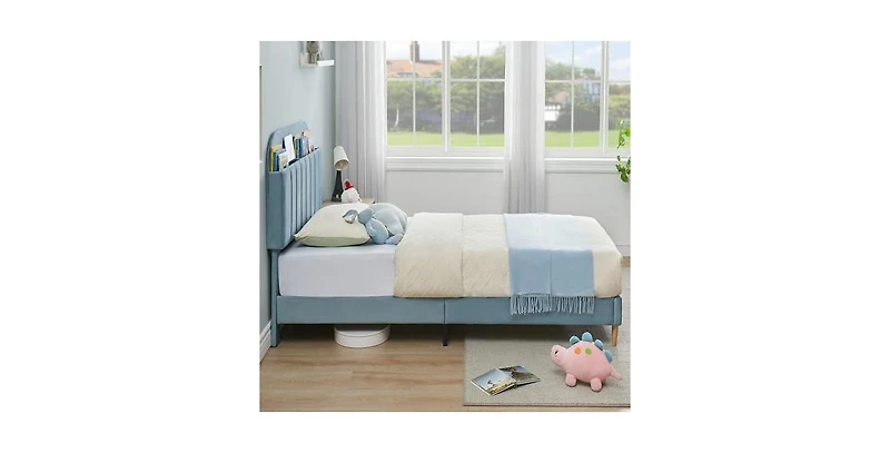 gaomon Twin Bed Frames, Upholstered Platform Bed Frame with Bookcase Headboard, Velvet Platform Bed Mattress Foundation