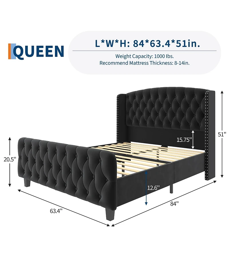 gaomon 51" Tall Queen Size Bed Frame with Deep Button Tufted Wingback Headboard and Footboard