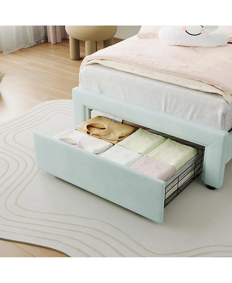 gaomon Twin Xl Upholstered Bed for Kids – Adjustable Headboard with Drawer & Led Light, Wooden Slats, No Box Spring