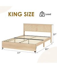gaomon Platform Bed with Natural Rattan Headboard, Cane Frame 2 Storage Drawers, Wood Slats