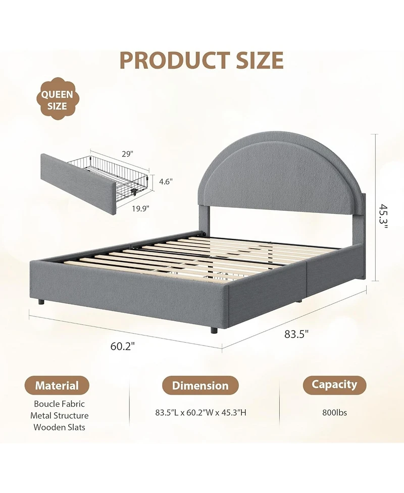 gaomon Bed Frame with Storage Drawers, Upholstered Boucle Platform Bed, Round Headboard, Heavy-Duty & Noise-Free, No Box Spring Needed