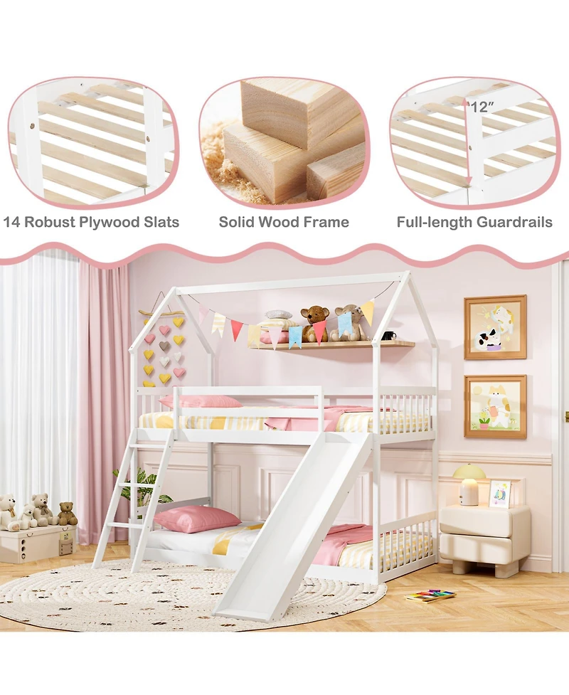 Gymax Twin Over Twin House Bunk Bed w/ Slide Solid Wood Low Bunk Bed for Kids