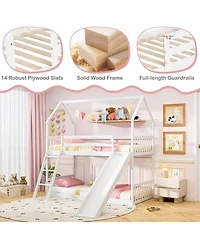 Gymax Twin Over Twin House Bunk Bed w/ Slide Solid Wood Low Bunk Bed for Kids