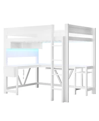 Flynama White Wood Full Size Gaming Loft Bed Built In Desk Charging Station Led Lighting Storage Shelves Multifunctional Modern Living Space Furniture