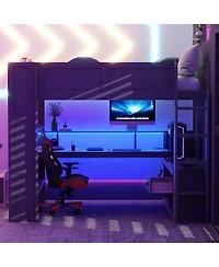 Flynama Dark Gray Wood Full Size Gaming Loft Bed Built In Desk Charging Station Storage Shelves Led Lighting Space Saving Teens Adults Furniture