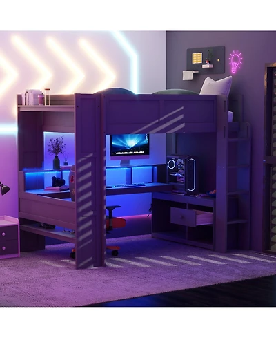 Flynama Dark Gray Wood Full Size Gaming Loft Bed Built In Desk Charging Station Storage Shelves Led Lighting Space Saving Teens Adults Furniture