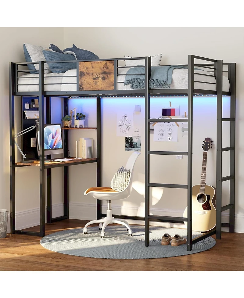Likimio Twin Metal Loft Bed with Desk, Shelves and 2 Built-in Ladders, Power Outlet and Led Lighted, Space-Saving