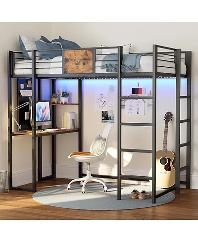 Likimio Twin Metal Loft Bed with Desk, Shelves and 2 Built-in Ladders, Power Outlet and Led Lighted, Space-Saving