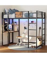 Likimio Twin Metal Loft Bed with Desk, Shelves and 2 Built-in Ladders, Power Outlet and Led Lighted, Space-Saving