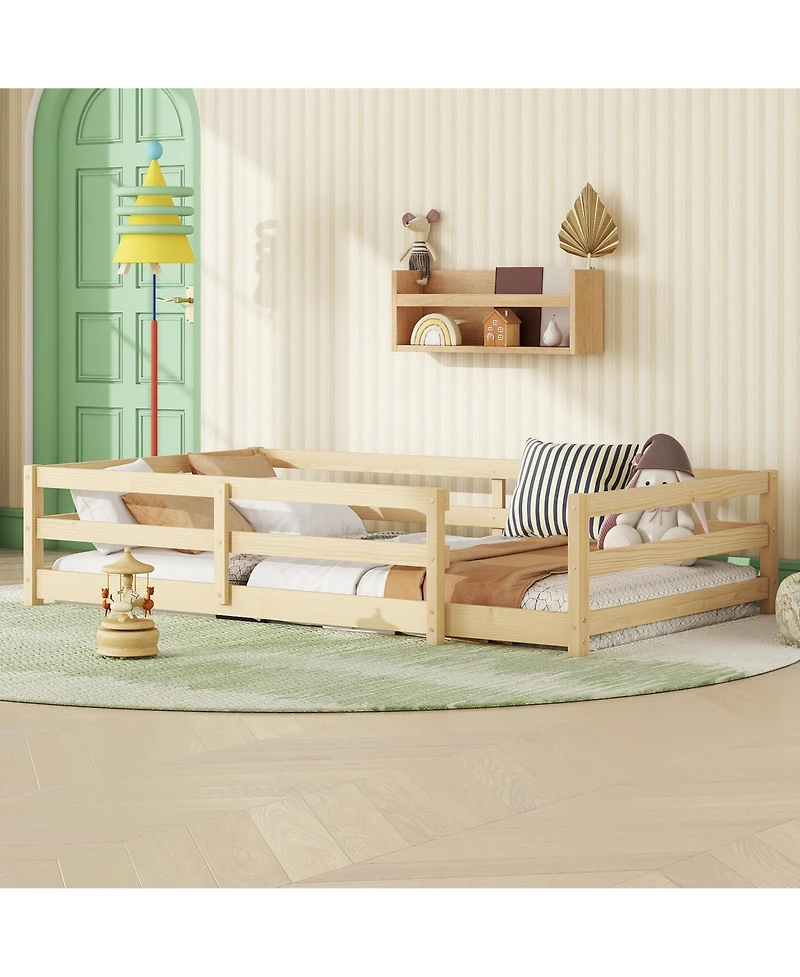Cesicia Pine Wood Twin Kids Floor Bed, Long-Lasting Montessori Bed with Fence for Girls, Boys