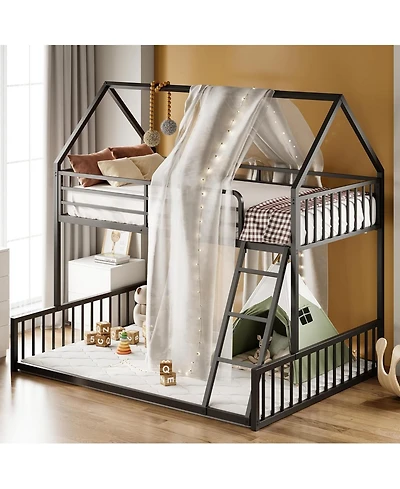 Likimio Bunk Bed Twin Over Full Size with Ladder and Guardrail, House Shaped with Metal Slats Support No Box Spring Needed, Black