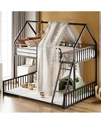 Likimio Bunk Bed Twin Over Full Size with Ladder and Guardrail, House Shaped with Metal Slats Support No Box Spring Needed, Black
