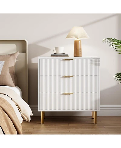 gaomon 3-Drawer Modern White Dresser, 30" Tall, Fluted Chest with Gold Handles, Anti-Tip Device, Bedroom, Living Room, Kids Room