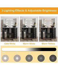 gaomon Corner Makeup Vanity Desk with Lights, Power Outlet, Rotating Drawers, Adjustable Brightness