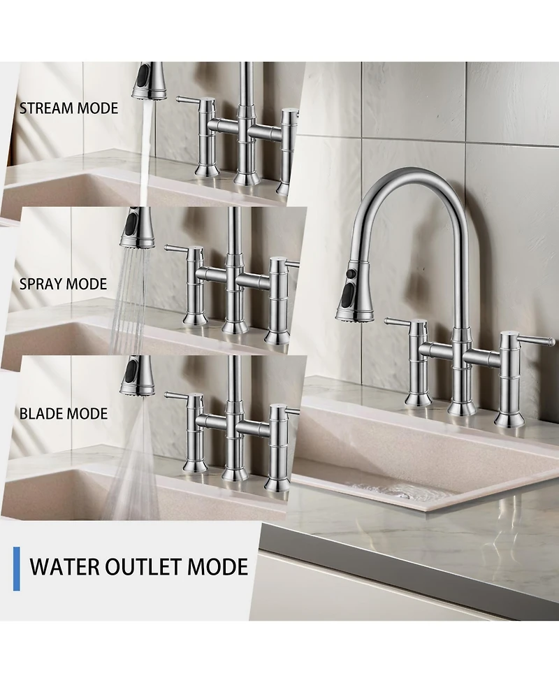 Boyelliving 3 Hole Kitchen Faucet with Pull Down Sprayer, Double Handle Sink Brass Vintage Faucets