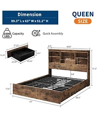 Gaomon Bed Frame with Storage - 51" Bookcase Headboard, 4 Drawers, Charging Station, No Box Spring Needed, 1000LBS Capacity
